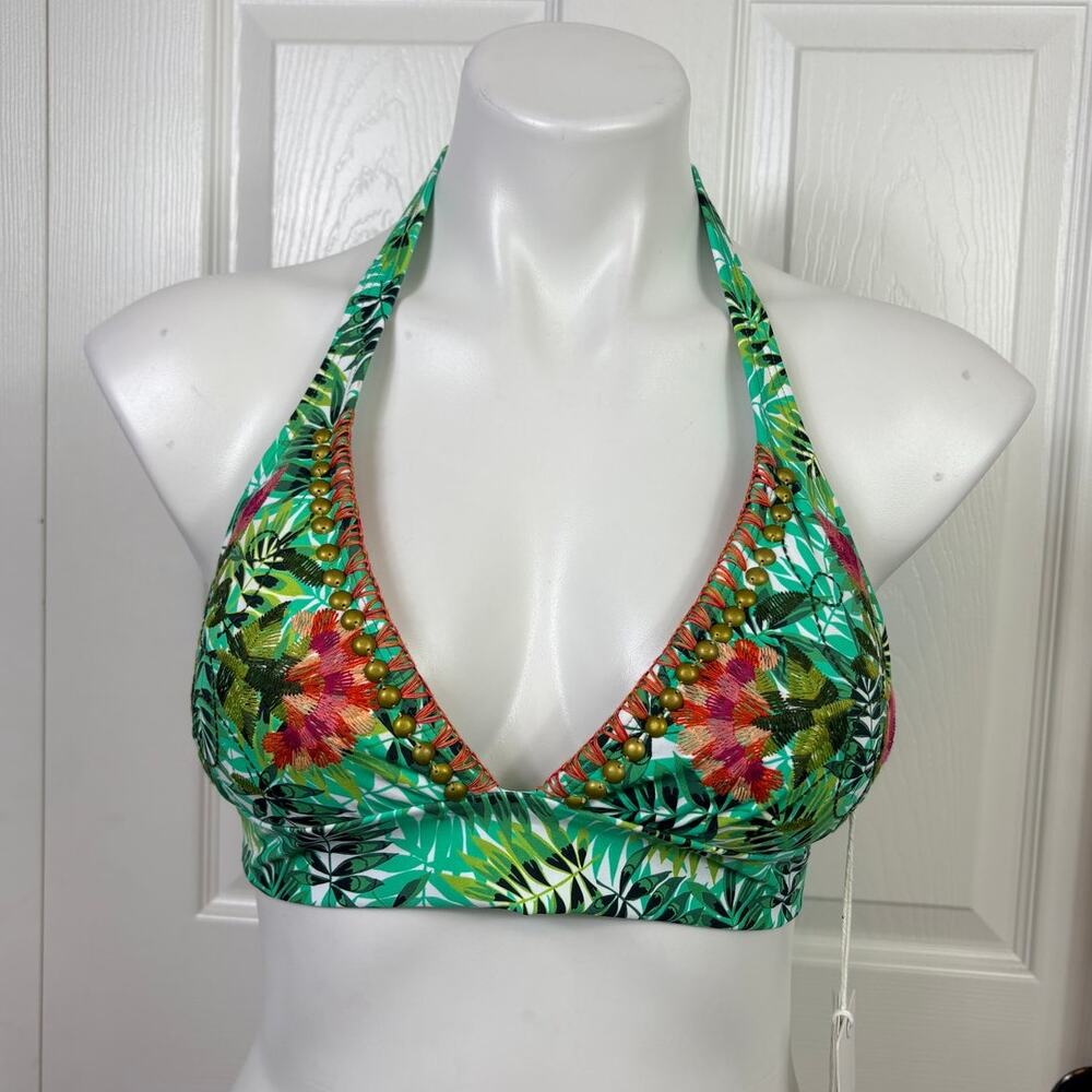 OndadeMar Bikini Top Size M Halter Green Floral Embroidered NWT UPF 50